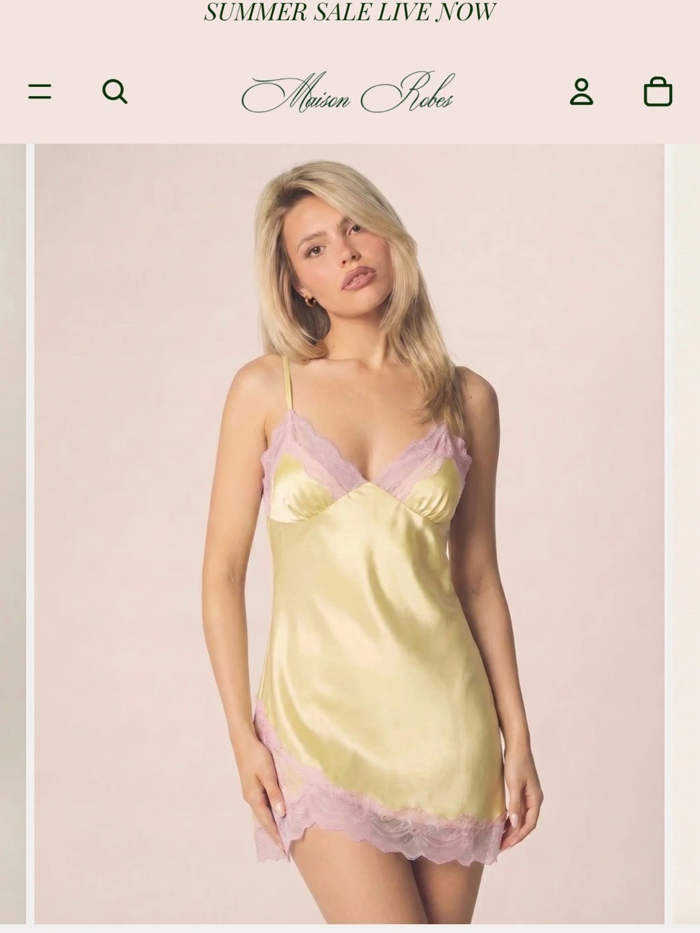 Maison Robes Yellow Satin Lace-Trim Slip Dress